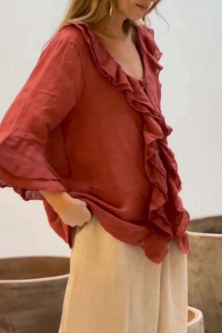 ROSABELL – CASUAL SOLID COLOR RUFFLE V-NECK BLOUSE