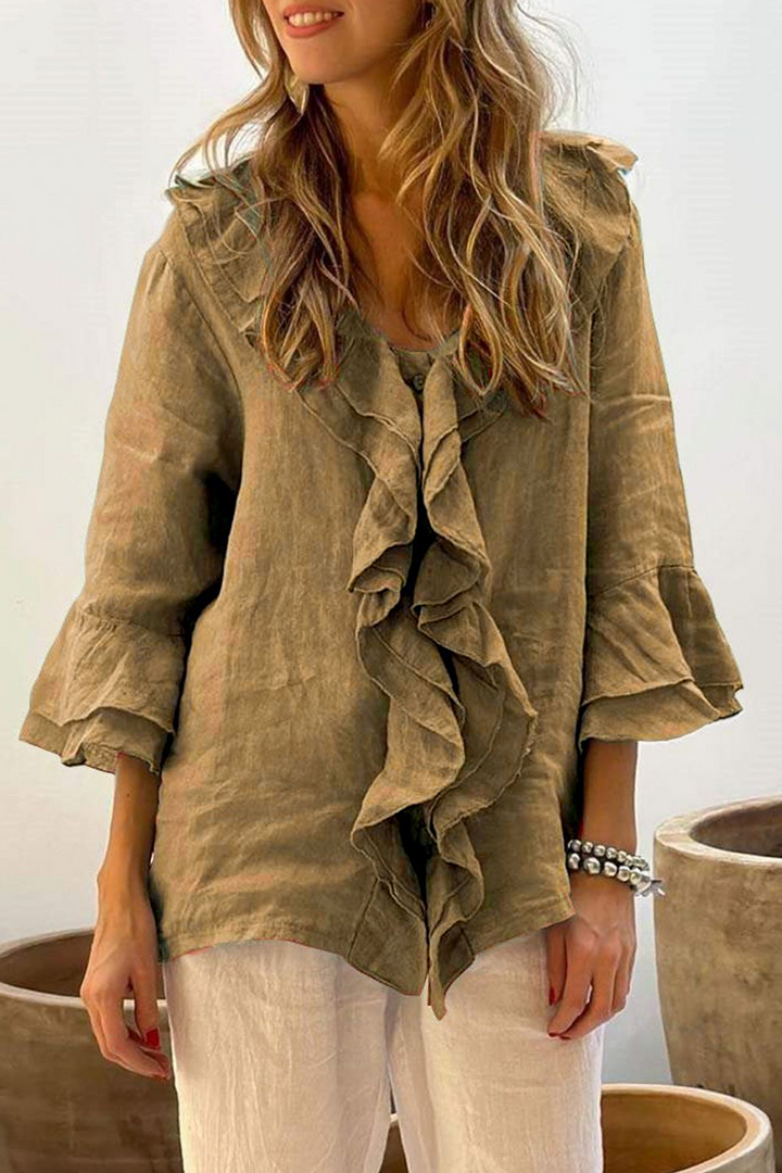 ROSABELL – CASUAL SOLID COLOR RUFFLE V-NECK BLOUSE