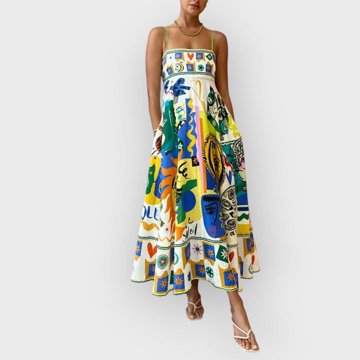 ELARAVELLE – CHIC GEOMETRIC GRAFFITI PRINTS SLIP DRESS