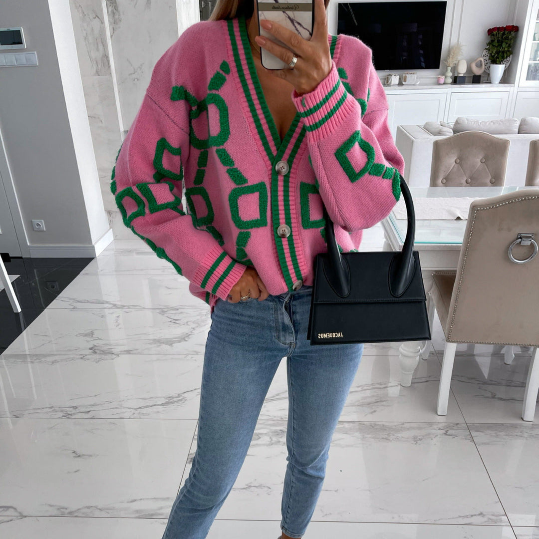 ELENAVYNNE – V-NECK CASUAL COLOR CONTRAST KNIT CARDIGAN