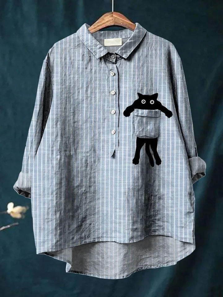 THALIRA – STRIPED PEEKABOO CAT LINEN SHIRT