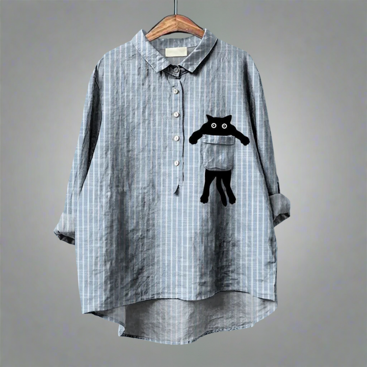 THALIRA – STRIPED PEEKABOO CAT LINEN SHIRT