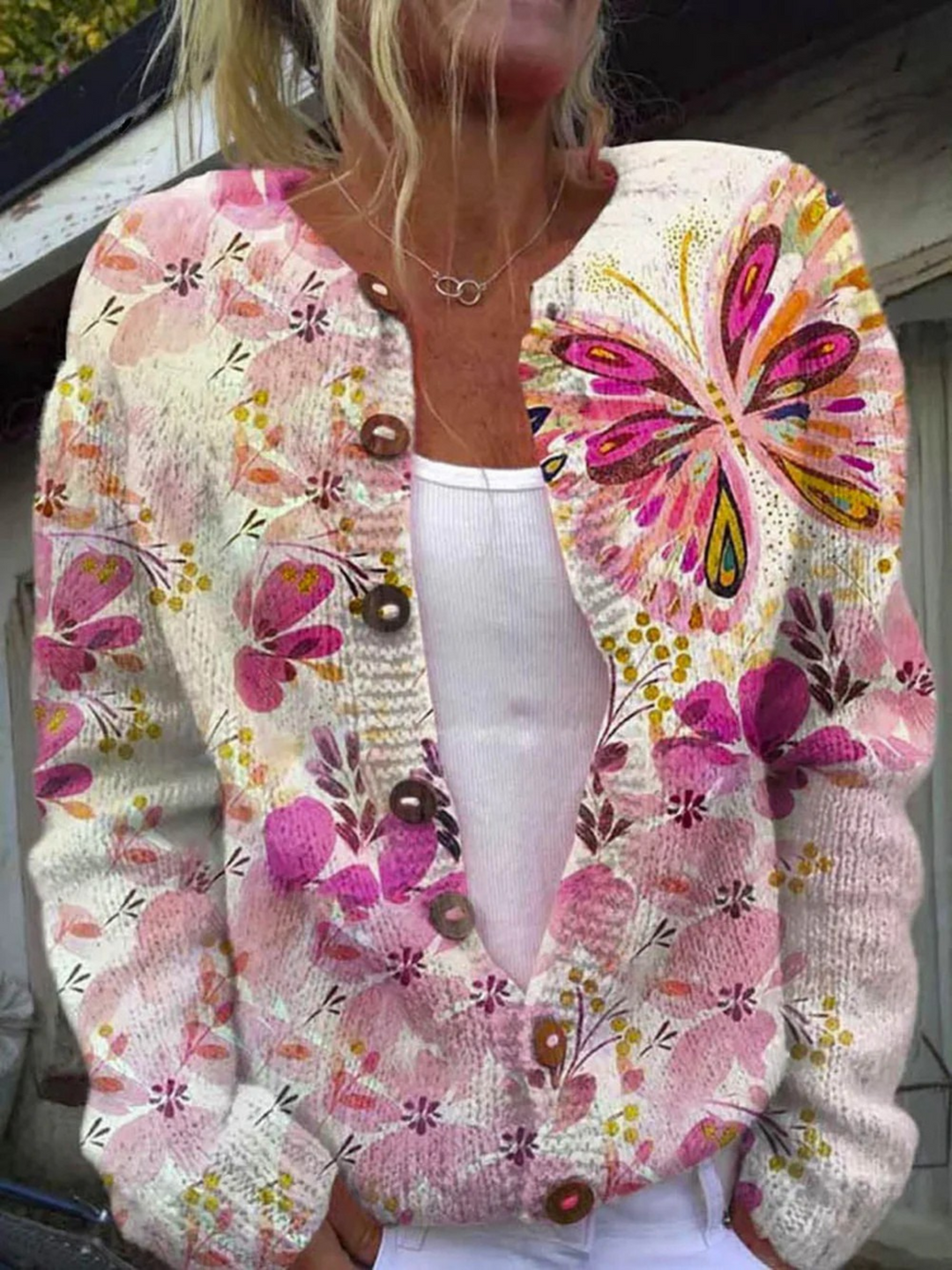 Women's Lovely Butterfly Floral Art Print Buttoned Cardigan Sweater