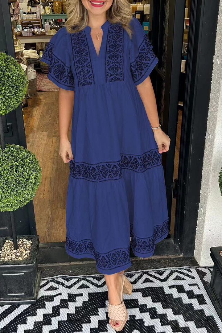 SORAYA – GEOMETRIC PRINT PATCHWORK V-NECK A-LINE DRESS