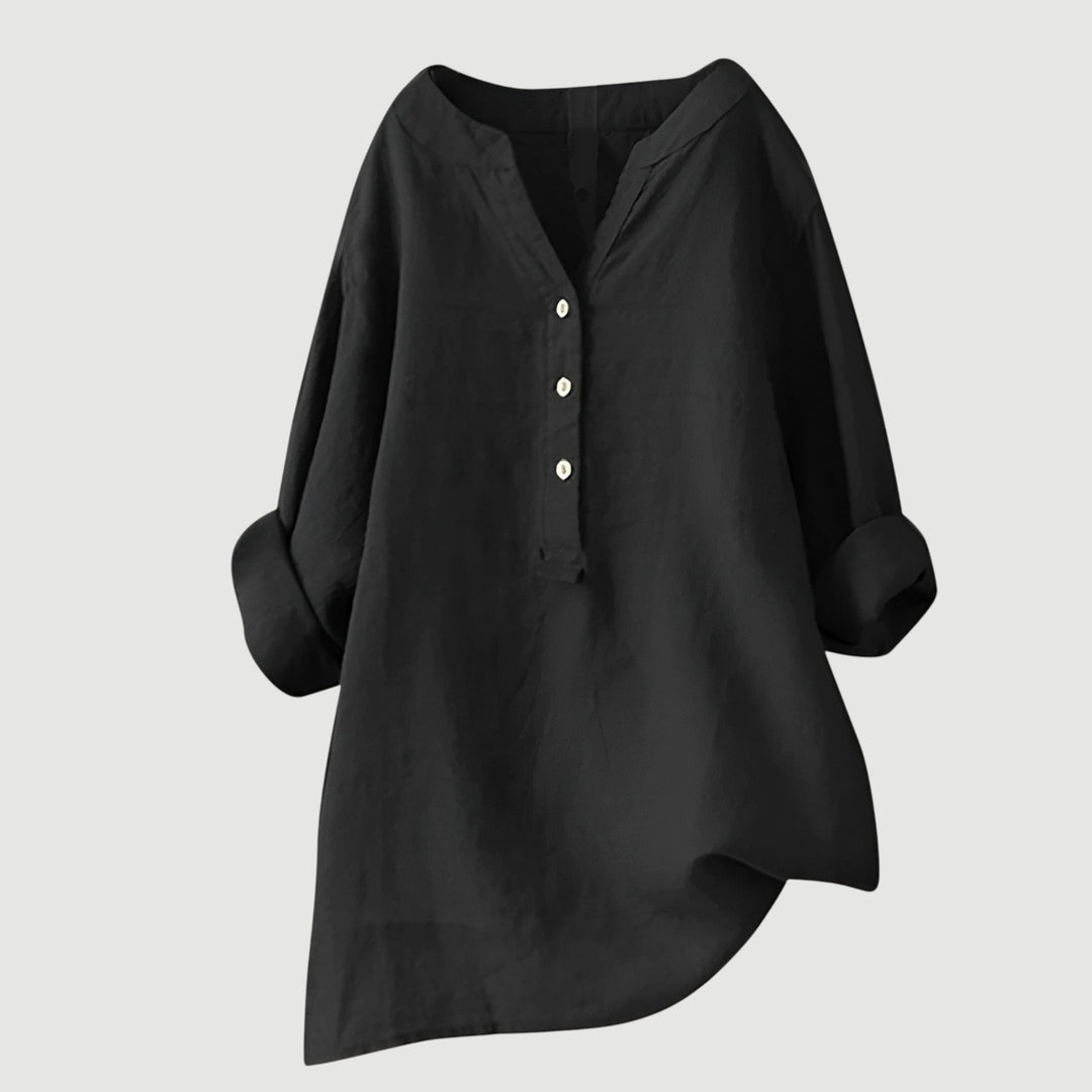 XAVINA – BUTTON-FRONT LINEN SHIRT WITH CURVED HEM