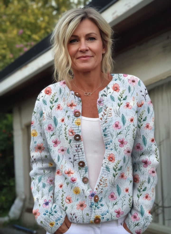 Vintage Flower Art Print Buttoned Cardigan Sweater