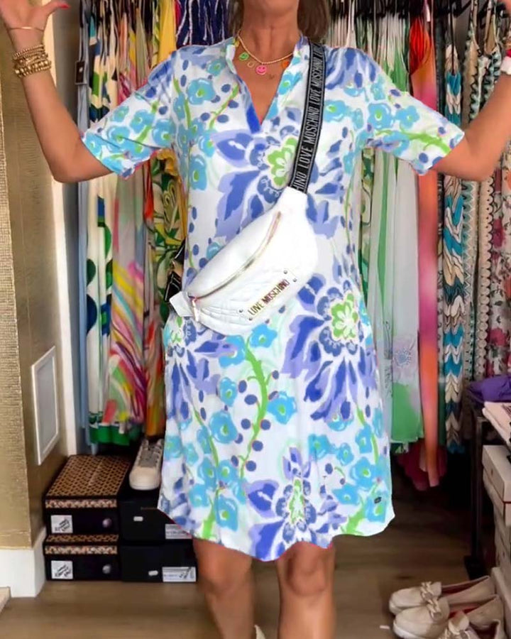 Ivendra - Short Sleeve Floral Print Dress