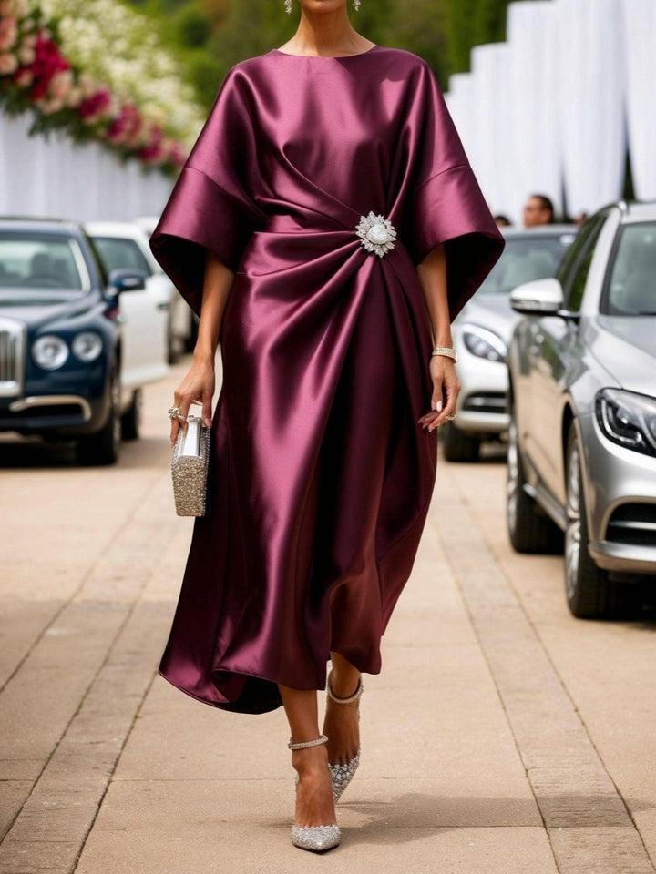 VENALARAE – SATIN DRESS WITH JEWELLED DRAPE AND WIDE SLEEVES