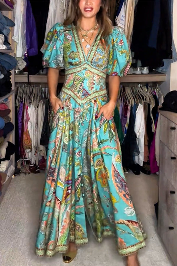 MYRREN – AIRY MAXI DRESS WITH PUFF SLEEVE V-NECK