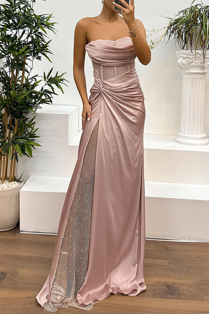 MIREILLE – SEXY RUCHED SEQUINED STRAPLESS EVENING DRESS