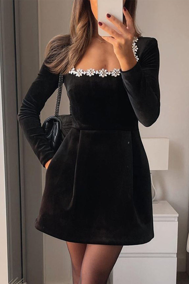 XANTHE – ELEGANT POCKET RHINESTONE DECOR SQUARE NECK A-LINE DRESS