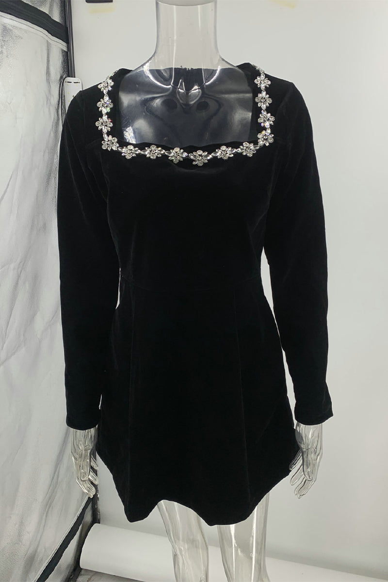 XANTHE – ELEGANT POCKET RHINESTONE DECOR SQUARE NECK A-LINE DRESS