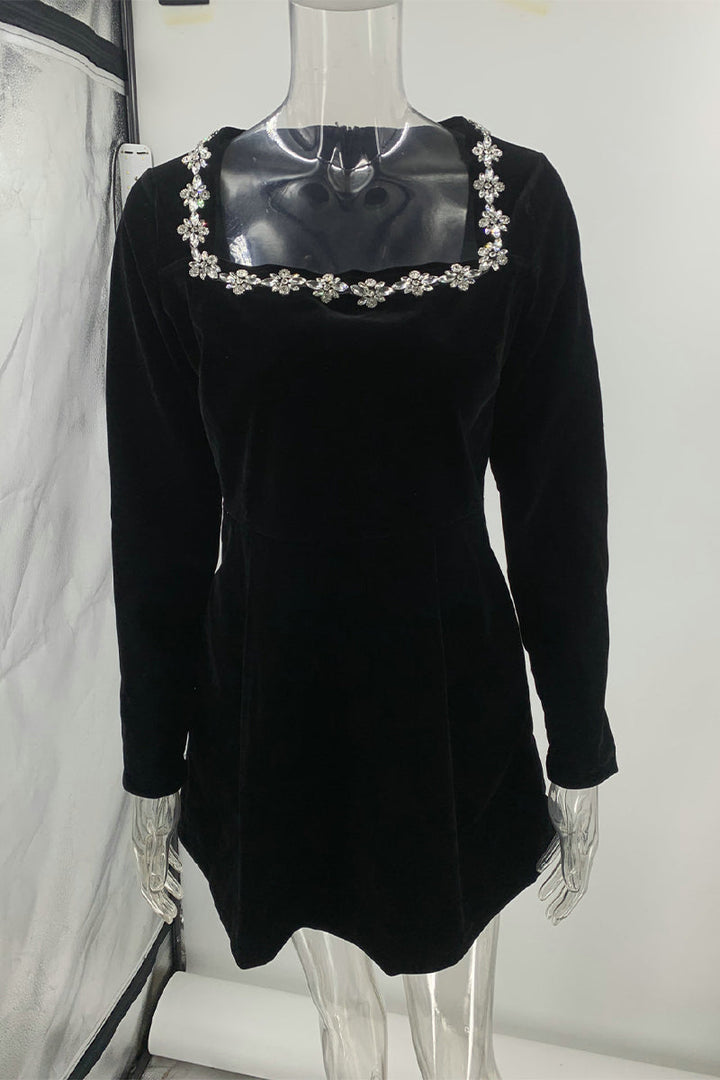 XANTHE – ELEGANT POCKET RHINESTONE DECOR SQUARE NECK A-LINE DRESS