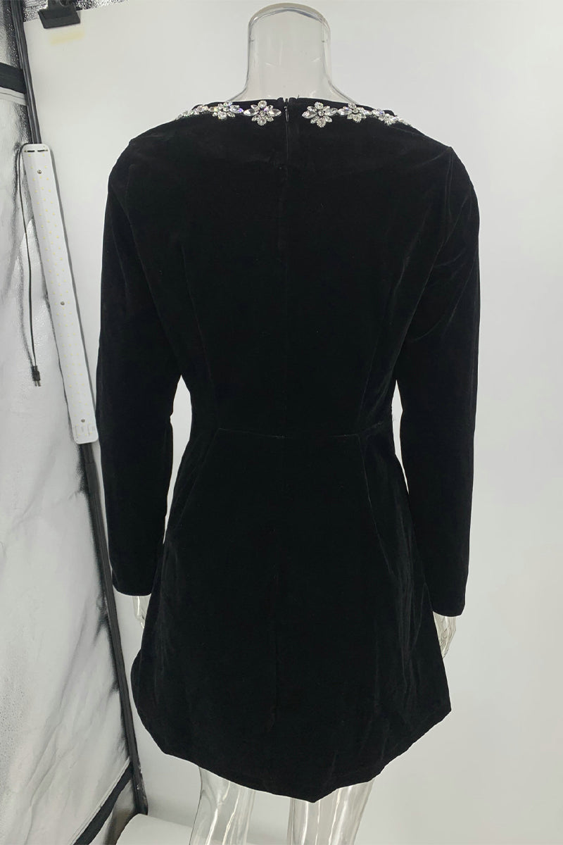 XANTHE – ELEGANT POCKET RHINESTONE DECOR SQUARE NECK A-LINE DRESS