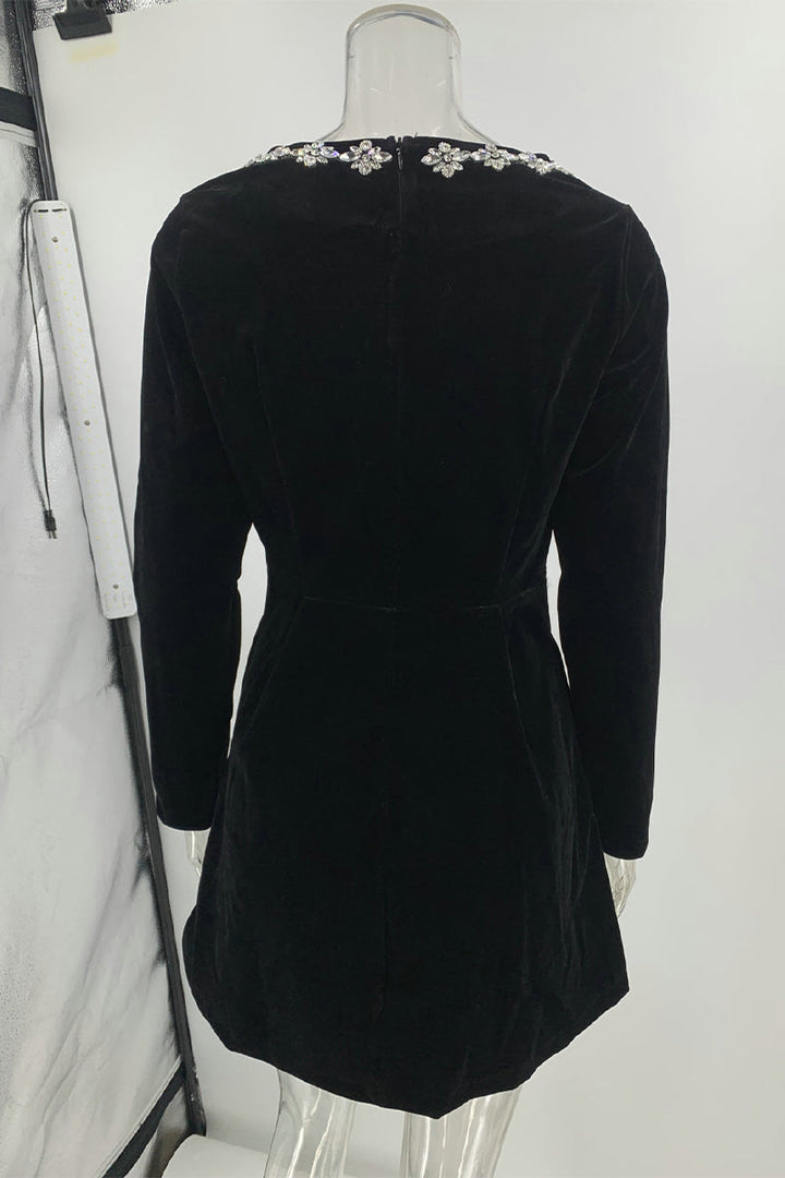 XANTHE – ELEGANT POCKET RHINESTONE DECOR SQUARE NECK A-LINE DRESS