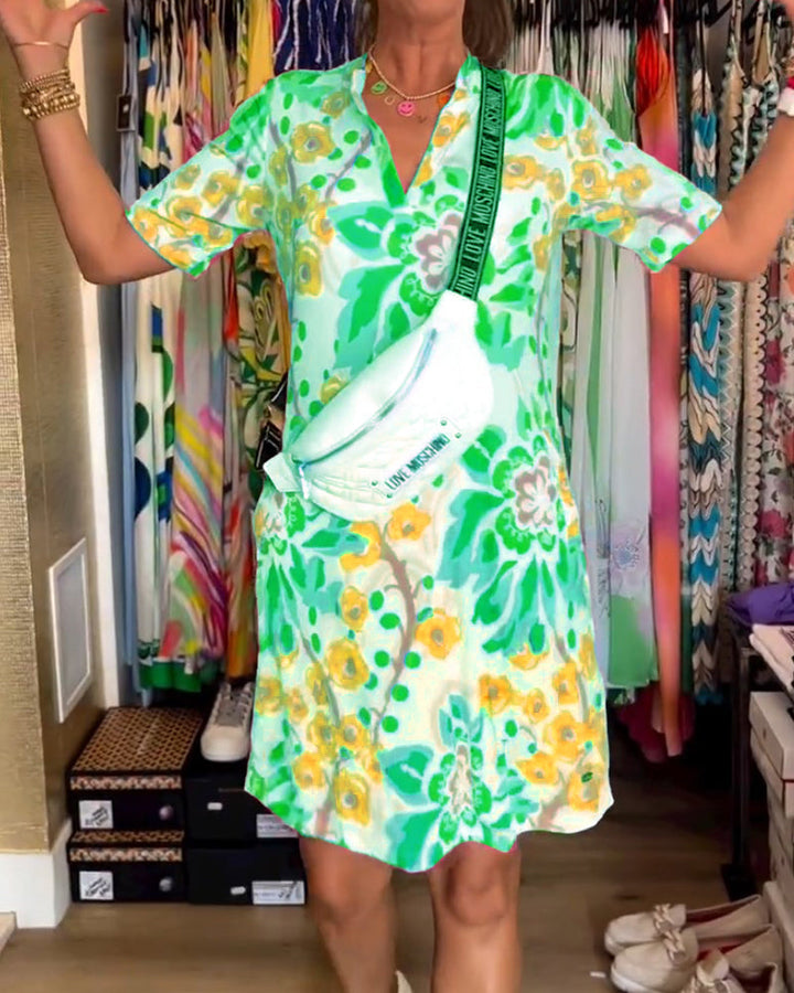 Ivendra - Short Sleeve Floral Print Dress