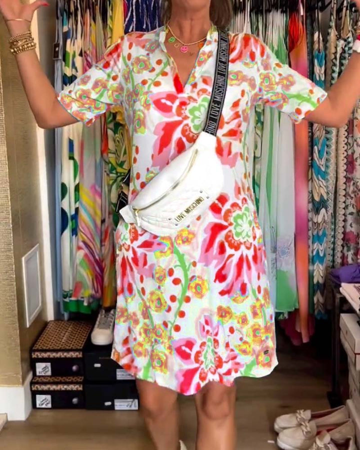 Ivendra - Short Sleeve Floral Print Dress