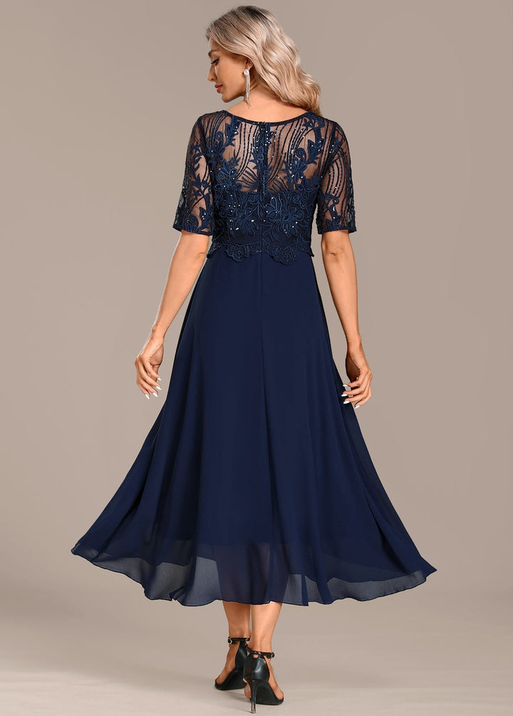 AUREVYN – NAVY LACE SHORT SLEEVE ROUND NECK DRESS