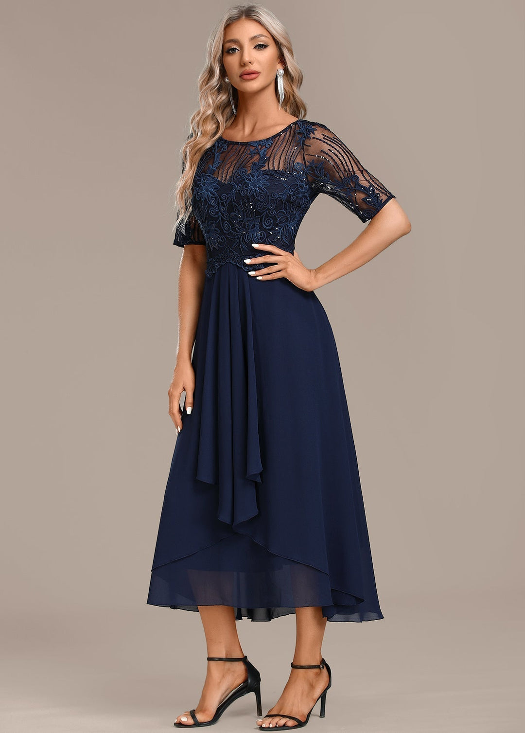 AUREVYN – NAVY LACE SHORT SLEEVE ROUND NECK DRESS