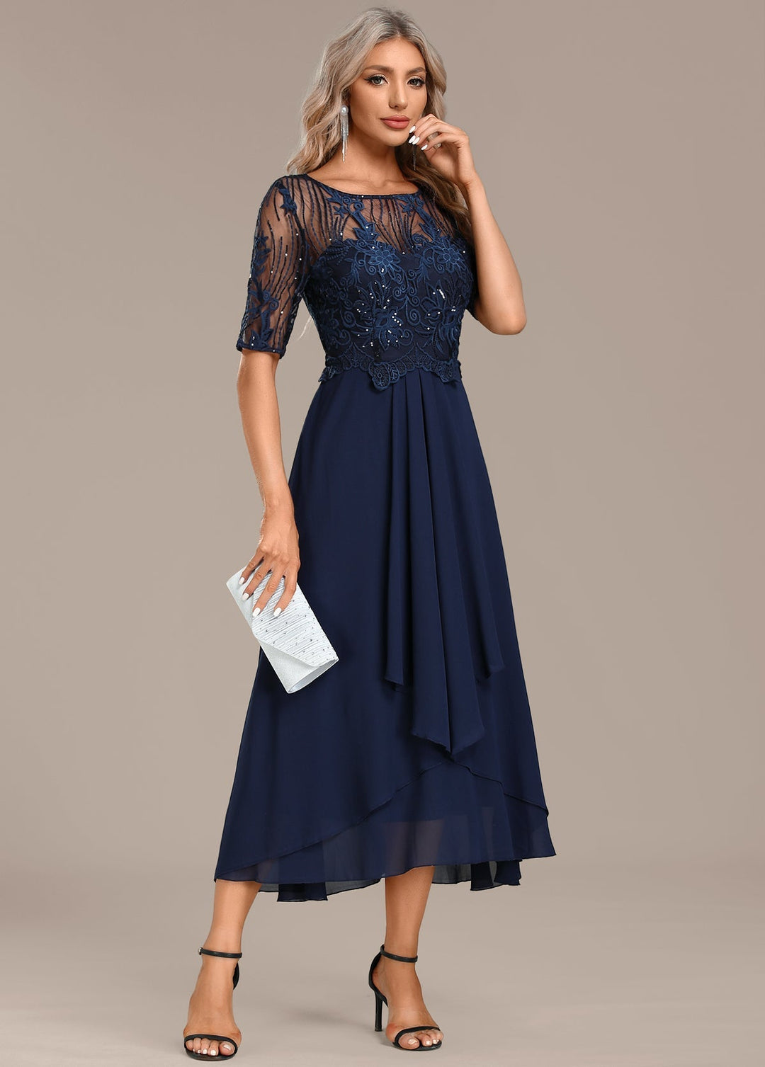 AUREVYN – NAVY LACE SHORT SLEEVE ROUND NECK DRESS