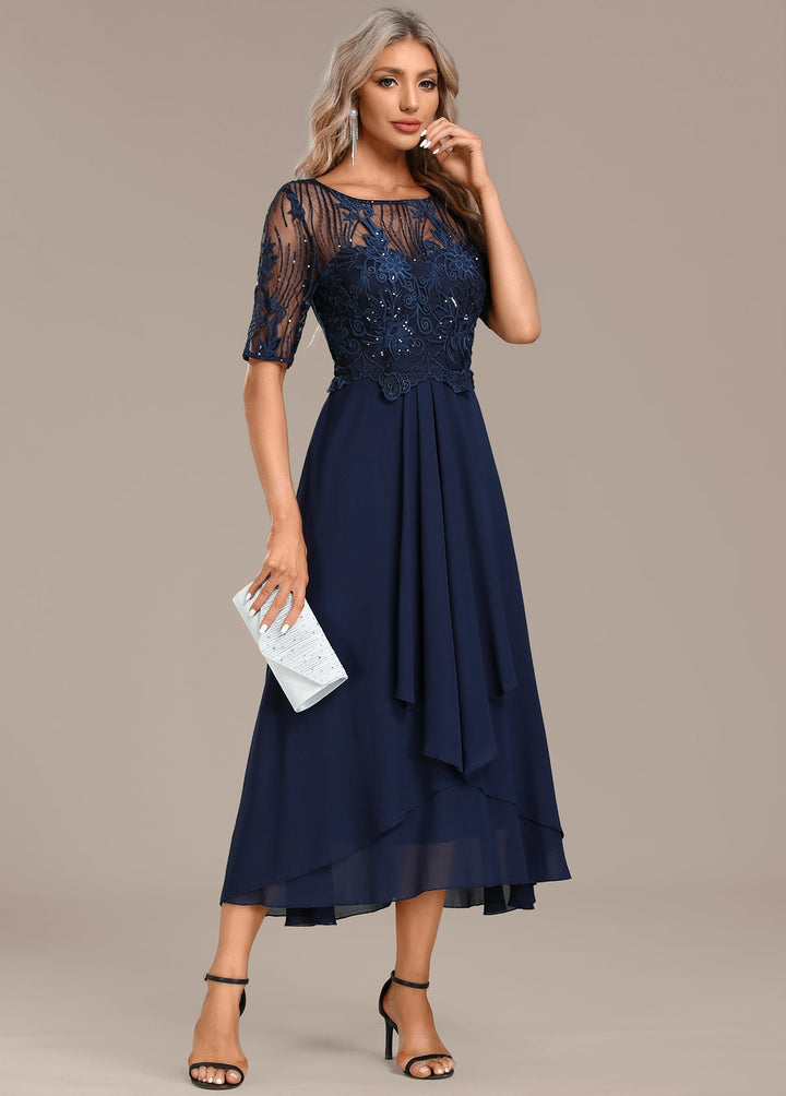 AUREVYN – NAVY LACE SHORT SLEEVE ROUND NECK DRESS