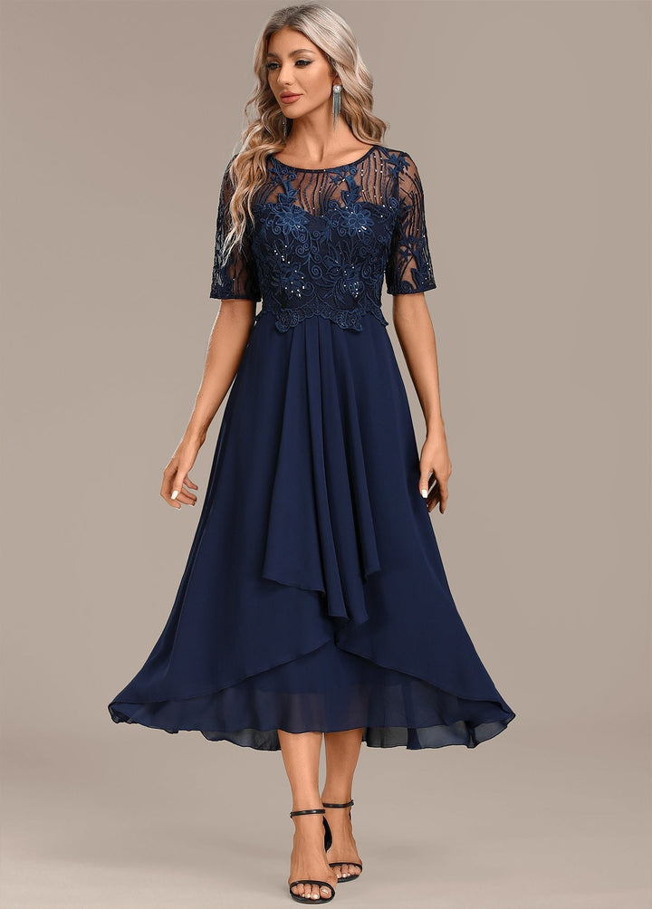 AUREVYN – NAVY LACE SHORT SLEEVE ROUND NECK DRESS