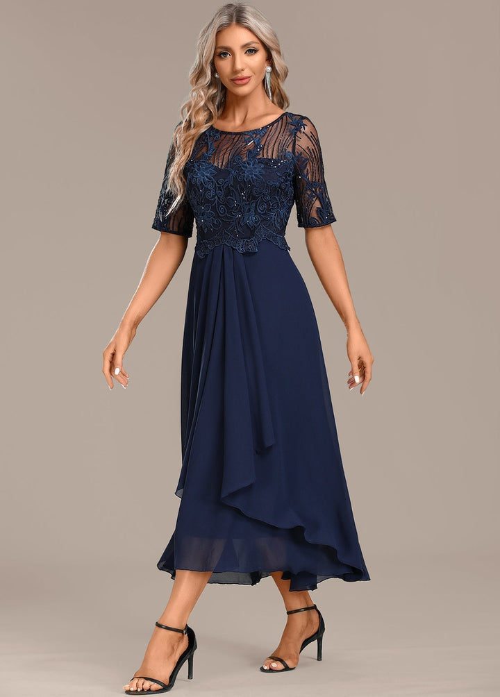 AUREVYN – NAVY LACE SHORT SLEEVE ROUND NECK DRESS