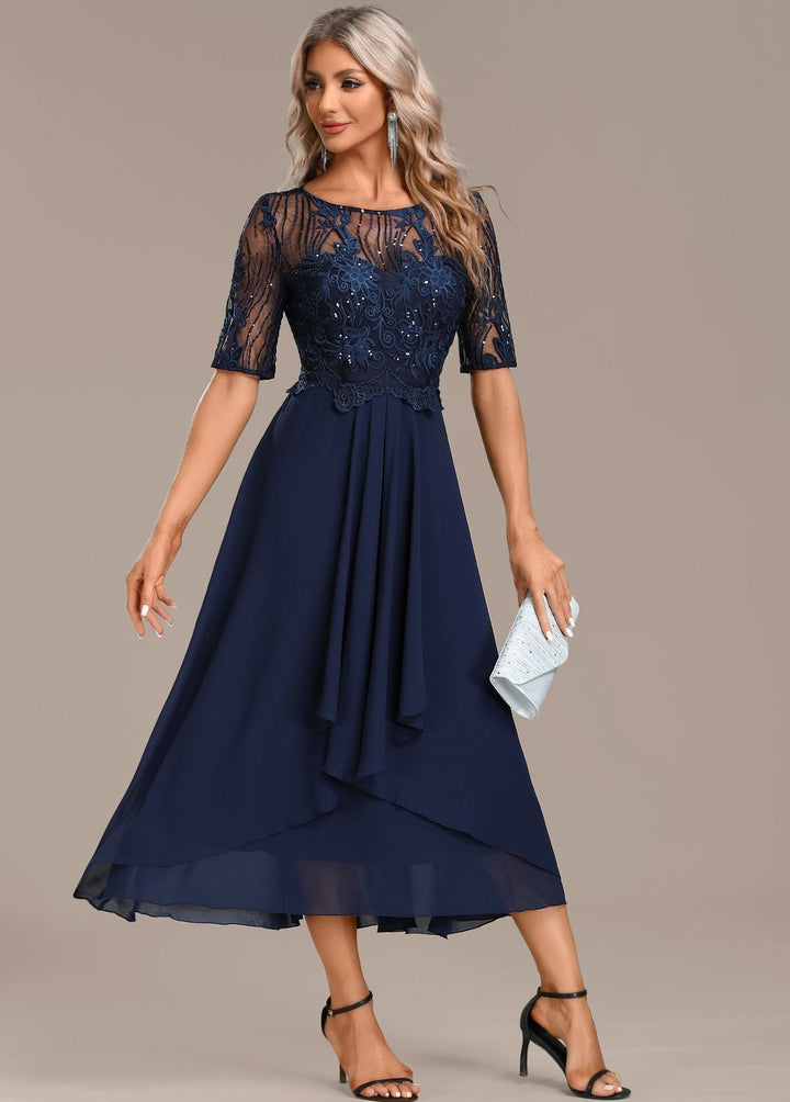 AUREVYN – NAVY LACE SHORT SLEEVE ROUND NECK DRESS