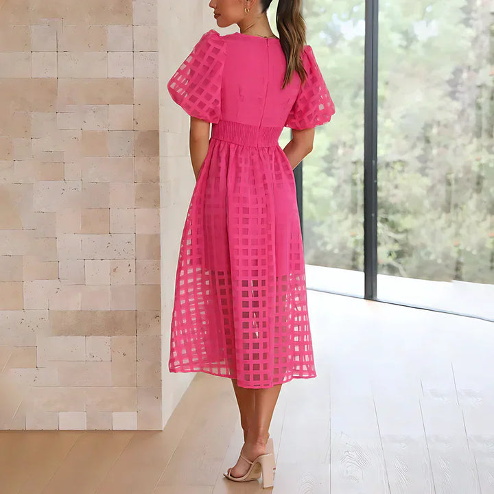 Caelis - Classic Patterned Puff Sleeve Midi Dress