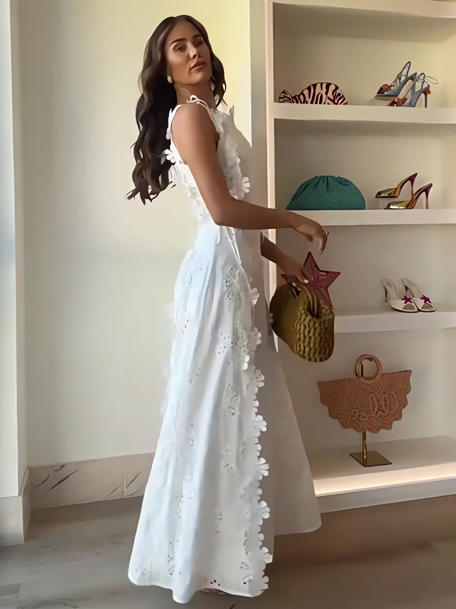 ALVERIA – LACE FLORAL TIE-STRAP MAXI DRESS