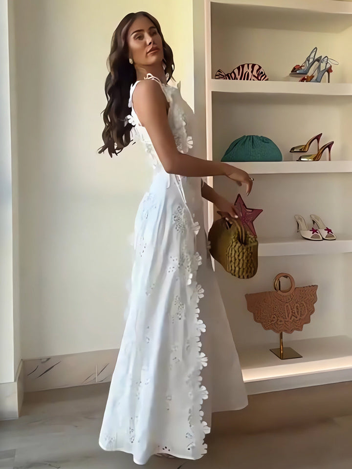 ALVERIA – LACE FLORAL TIE-STRAP MAXI DRESS