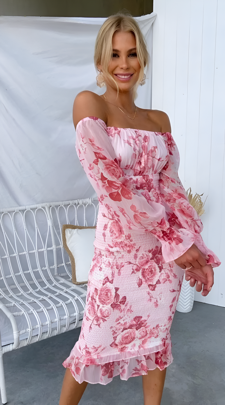 THALIA – FLORAL OFF-SHOULDER SMOCKED WAIST MIDI DRESS