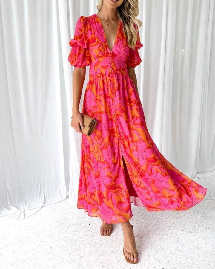 Zynelle - Elegant V-neck Puff Sleeve Maxi Dress