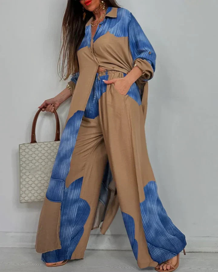 ISABEAU – TRENDY PATCHWORK PRINTED TOP & WIDE LEG PANTS SET