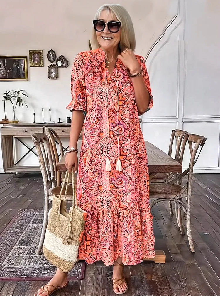 Carolette - Boho Drawstring Neck Maxi Dress