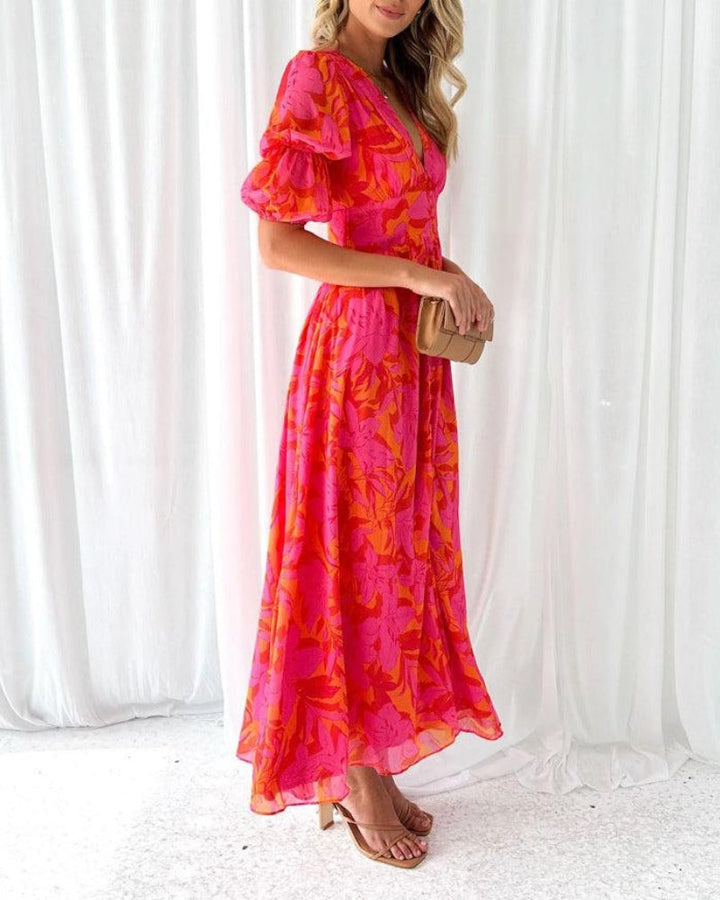 Zynelle - Elegant V-neck Puff Sleeve Maxi Dress