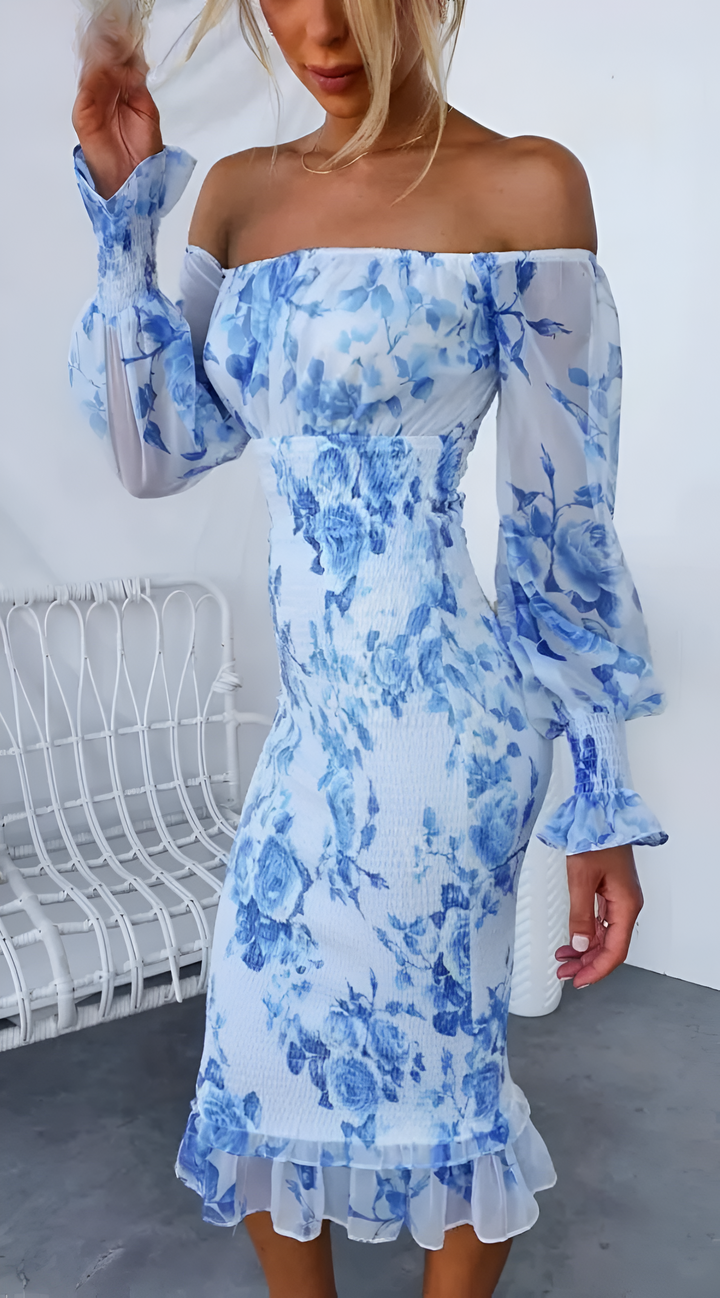 THALIA – FLORAL OFF-SHOULDER SMOCKED WAIST MIDI DRESS