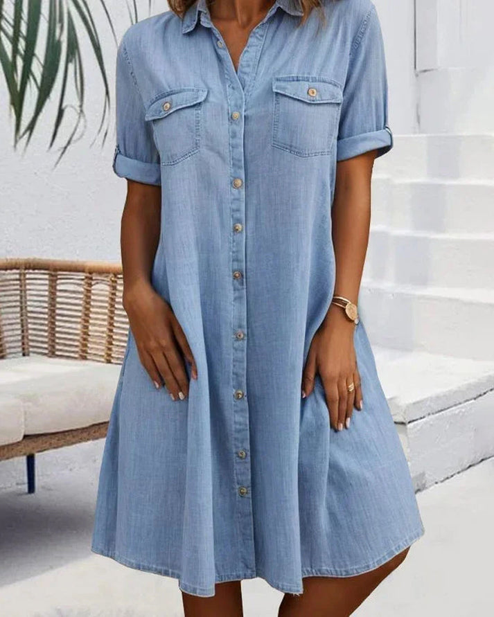 Sienna - Button-Up Short Sleeve Denim Dress