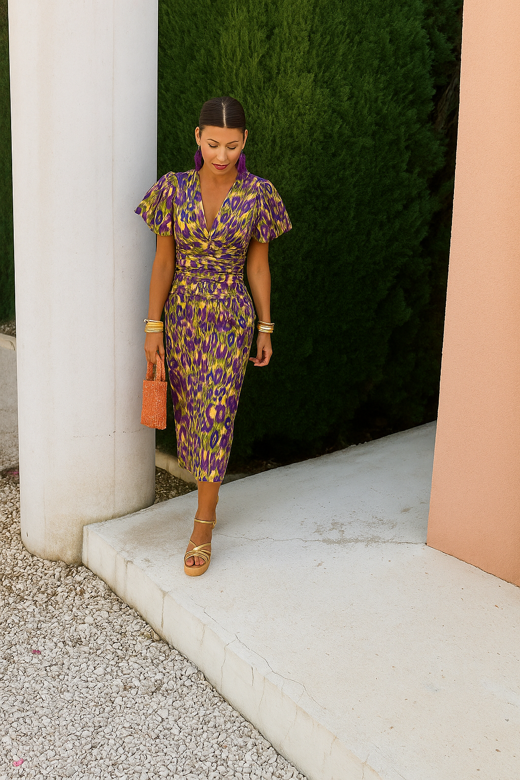 Lynor - Colourful Midi Dress with Pleated Sleeves