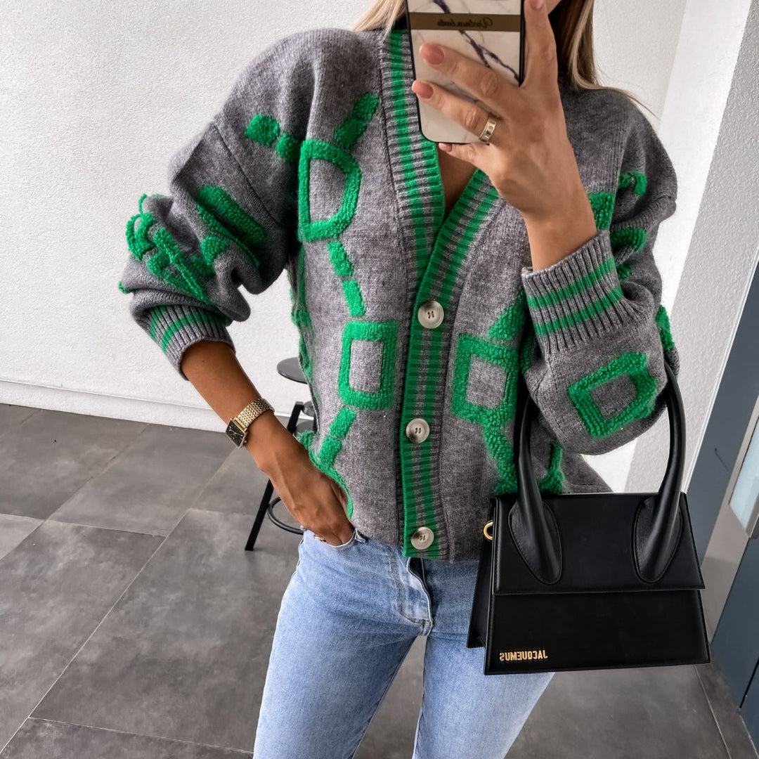ELENAVYNNE – V-NECK CASUAL COLOR CONTRAST KNIT CARDIGAN
