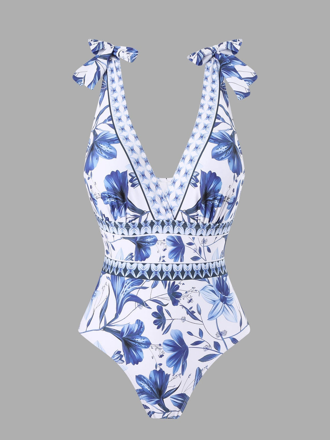 EMBERLY – BLUE AND WHITE PORCELAIN SWIMSUIT WRAP SKIRT SUIT