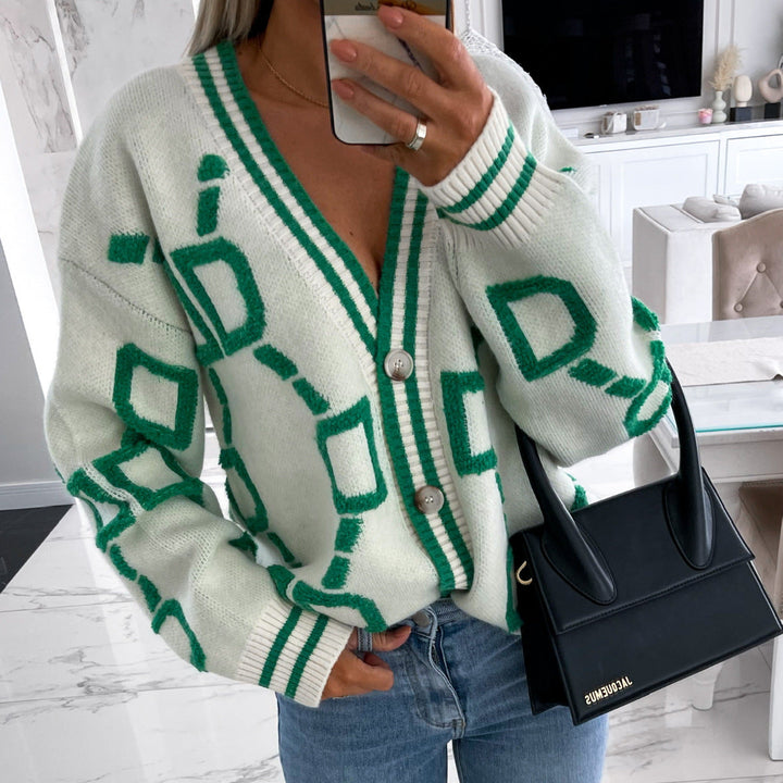 ELENAVYNNE – V-NECK CASUAL COLOR CONTRAST KNIT CARDIGAN