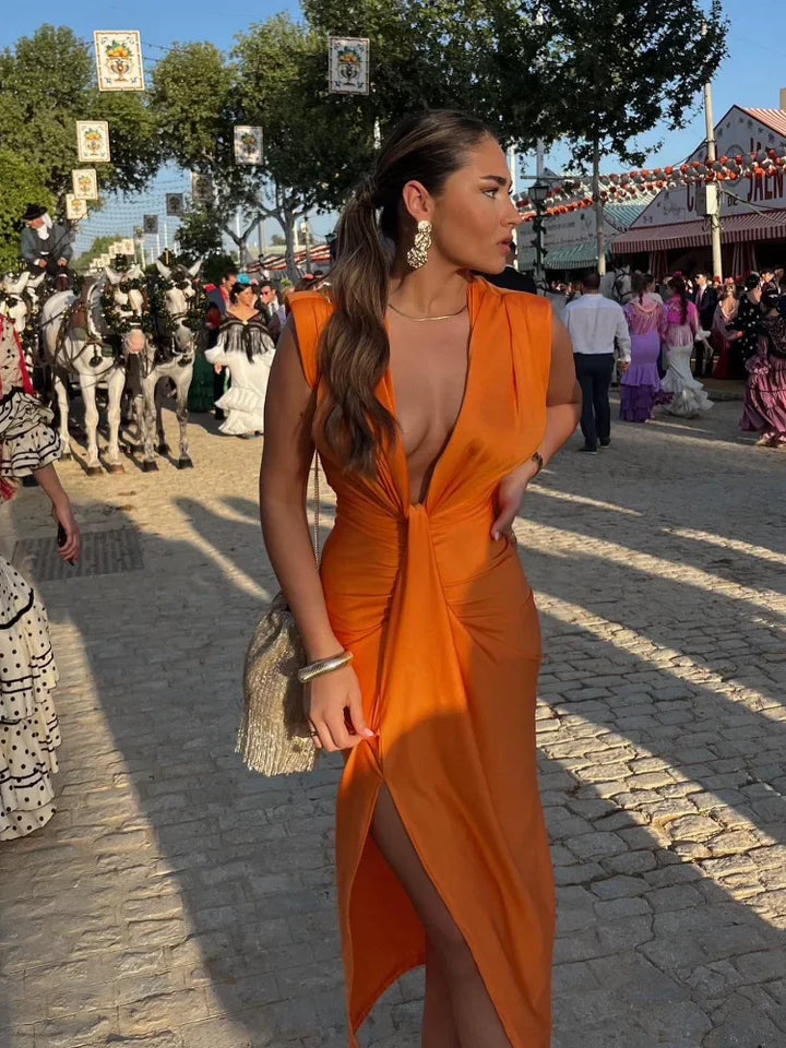 AVALYSHA – SUNSET RUCHED V-NECK DRESS