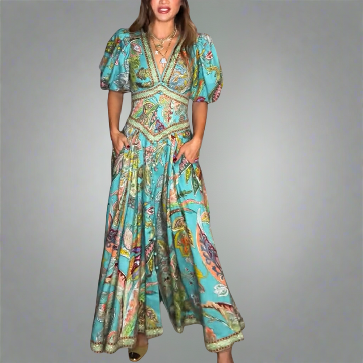 MYRREN – AIRY MAXI DRESS WITH PUFF SLEEVE V-NECK