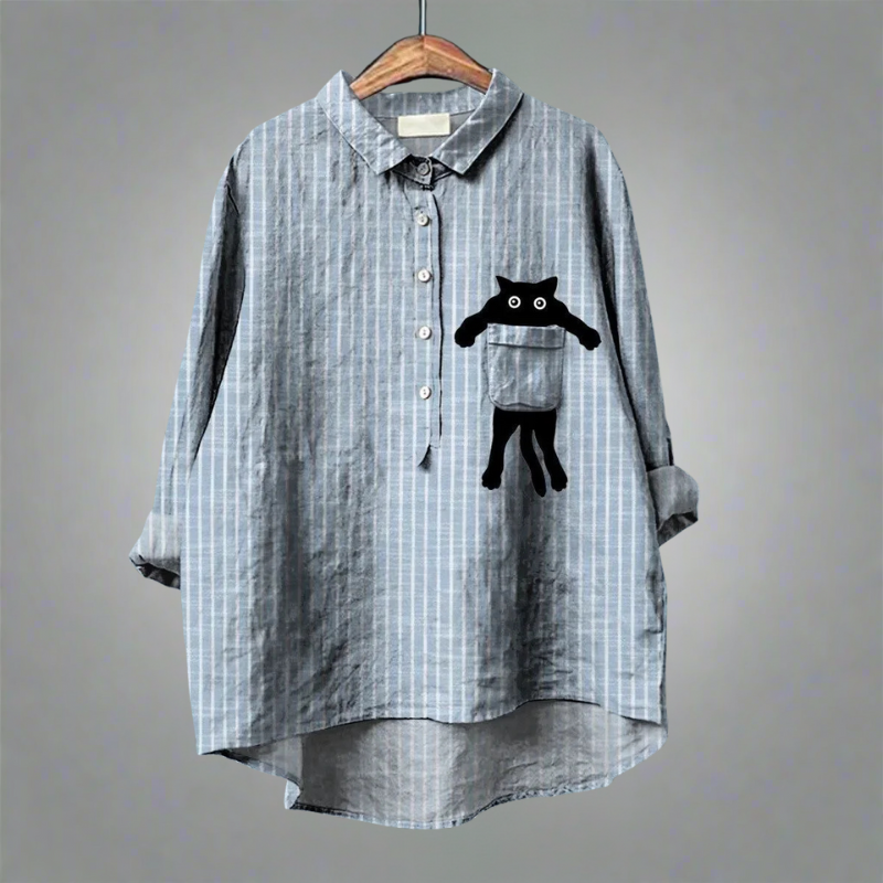 THALIRA – STRIPED PEEKABOO CAT LINEN SHIRT