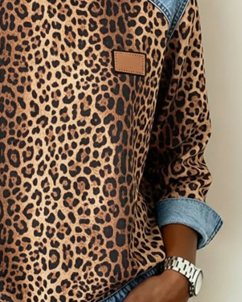 Leopard Print Denim Patchwork Sweatshirt