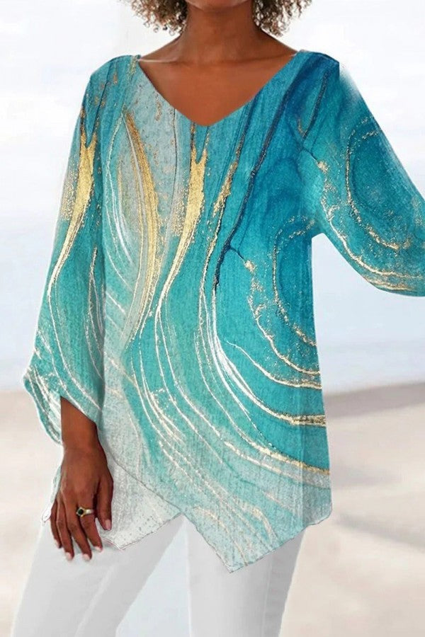 AYLA – VINTAGE V-NECK MARBLE PRINT BLOUSE