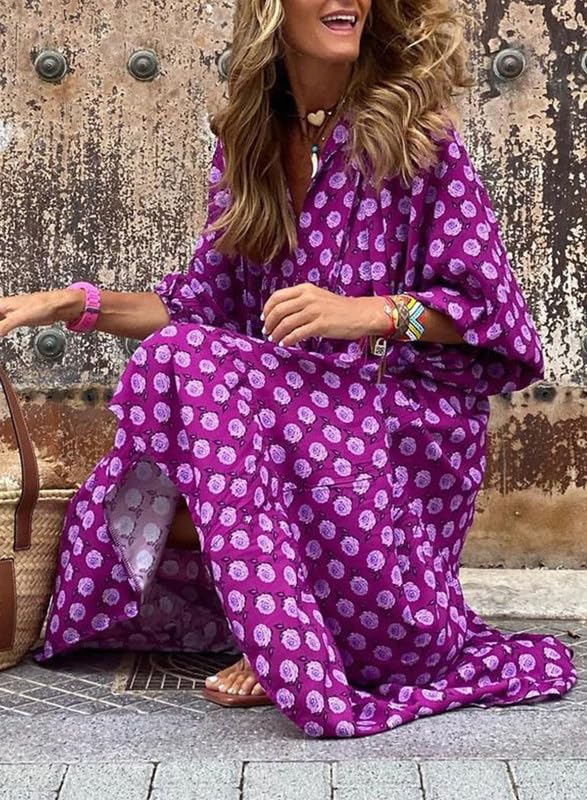 WINONA – WOMEN'S PUFF SLEEVE GEOMETRIC BOHEMIAN MAXI DRESS