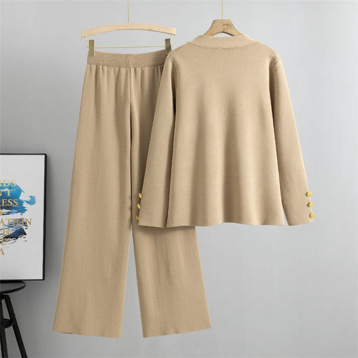 DAMARIS – METAL BUTTON WOOL SWEATER & WIDE-LEG PANTS SET