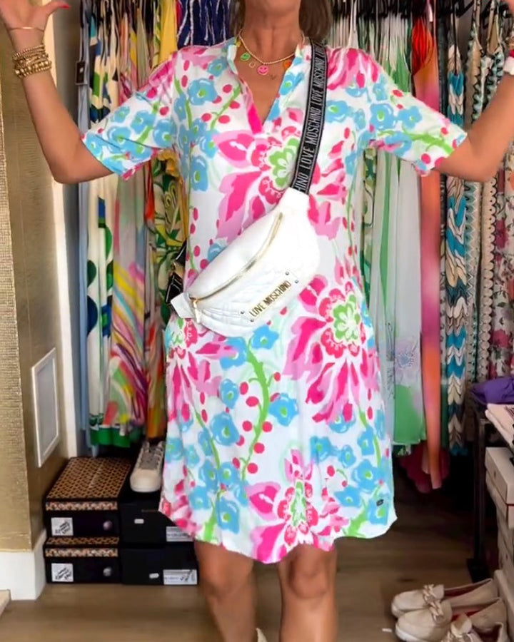 Ivendra - Short Sleeve Floral Print Dress